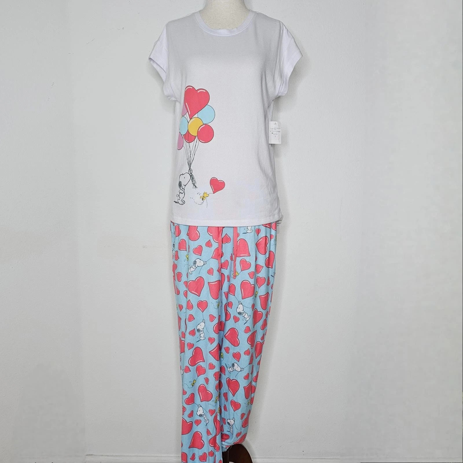 NWT Peanuts Women's White/Blue 2 Piece Set-Pajamas/Pants Size S(4/6)
