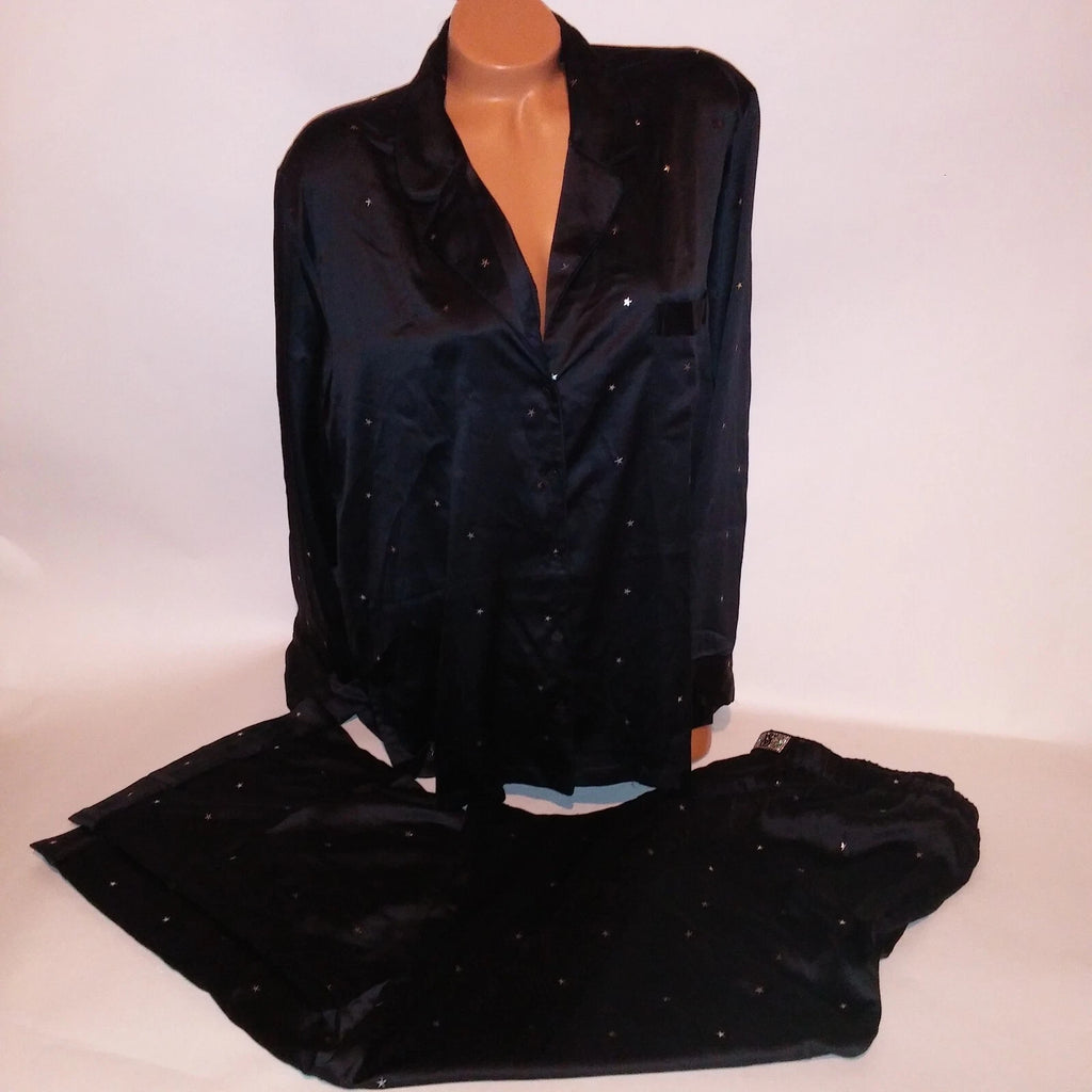 Victoria Secret Pajama Set Sleepwear XL Black Silver Stars Satin Long Sleeve New