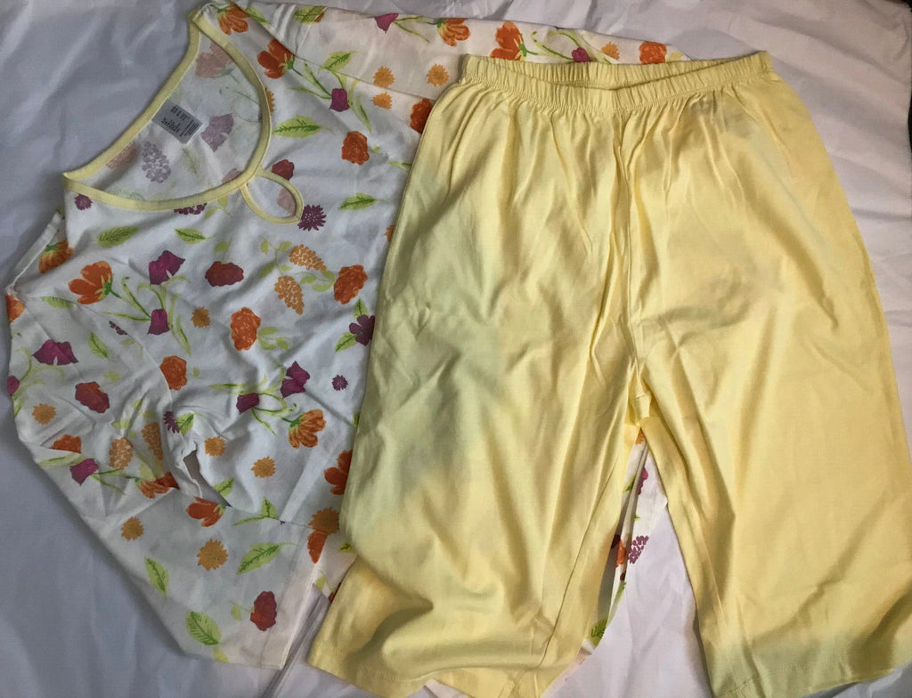 Lemon Yellow Pyjama Set UK 10 - 12 PJs pyjamas 3/4 sleeve top plain capri bottom