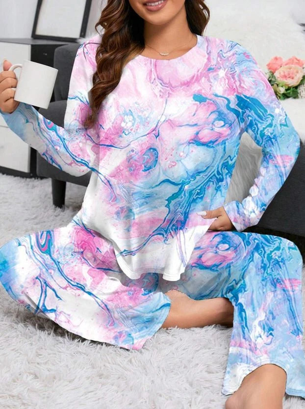 PYJAMA PLUS 20 22 24 PINK BLUE MARBLE LONG SLEEVE STRETCH LOUNGEWEAR COMFORT