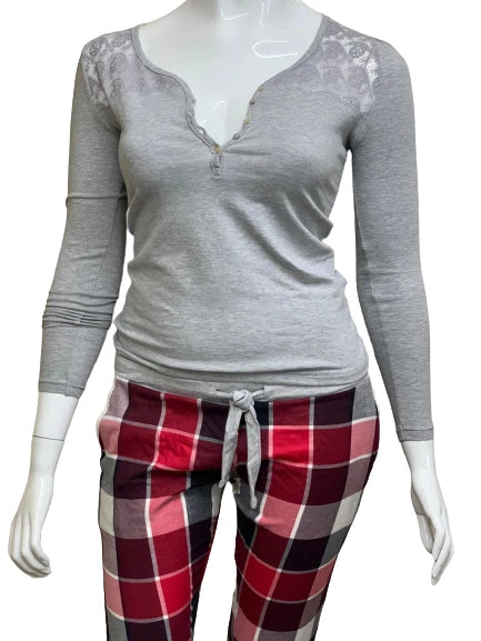 Women's Tartan Night Wear Pyjama Set Ladies Check Bottoms Grey Half Lace Top