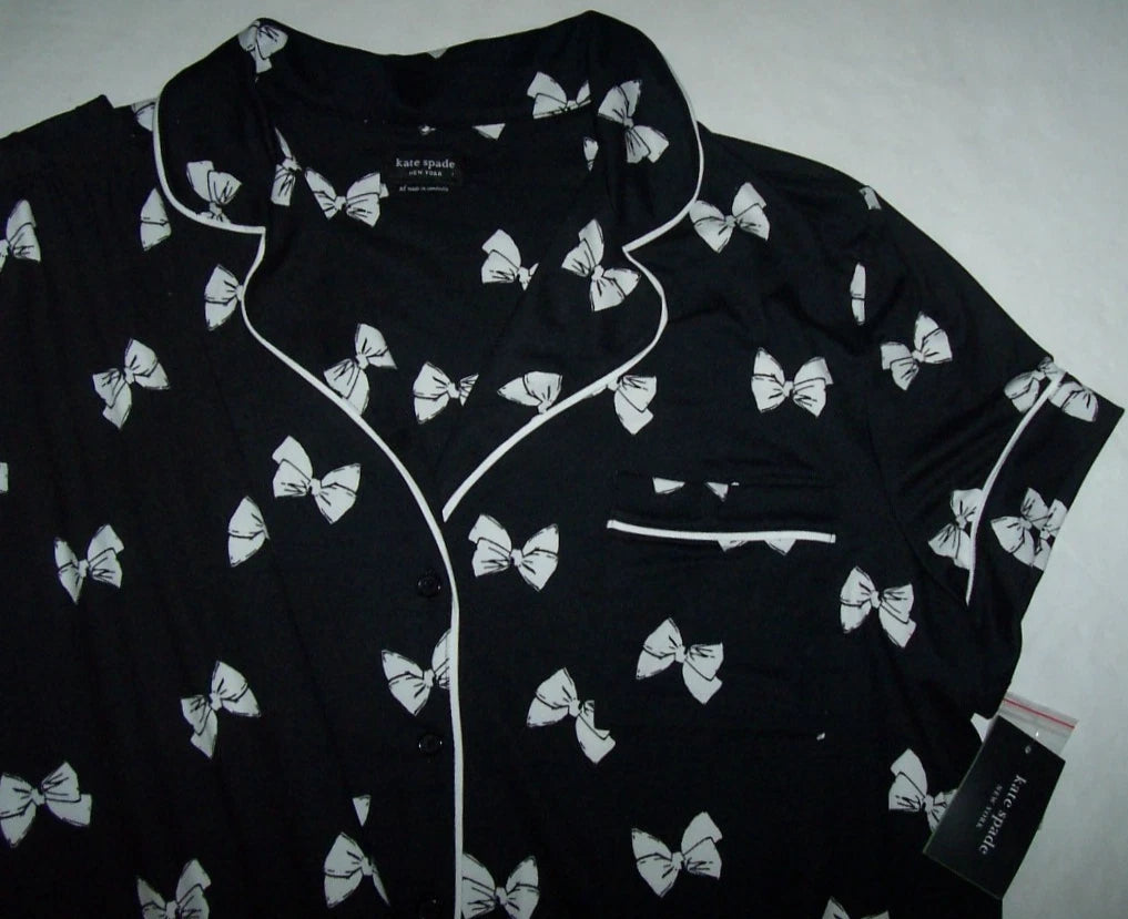 NWT Kate Spade New York BLACK/WHITE BOWS Soft Knit Cropped Pajama Set Women's L