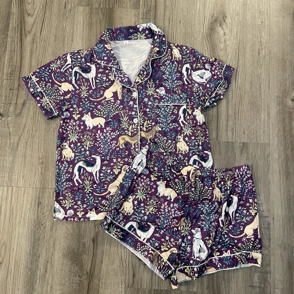 NIP Purple Dog Print Pajama Set Shorts Collared Button Front Top Amethyst NEW! L