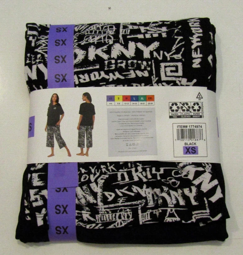 DKNY Black 2 Piece Pajama Set Shirt Capris Size XS X-Small NWT Womens