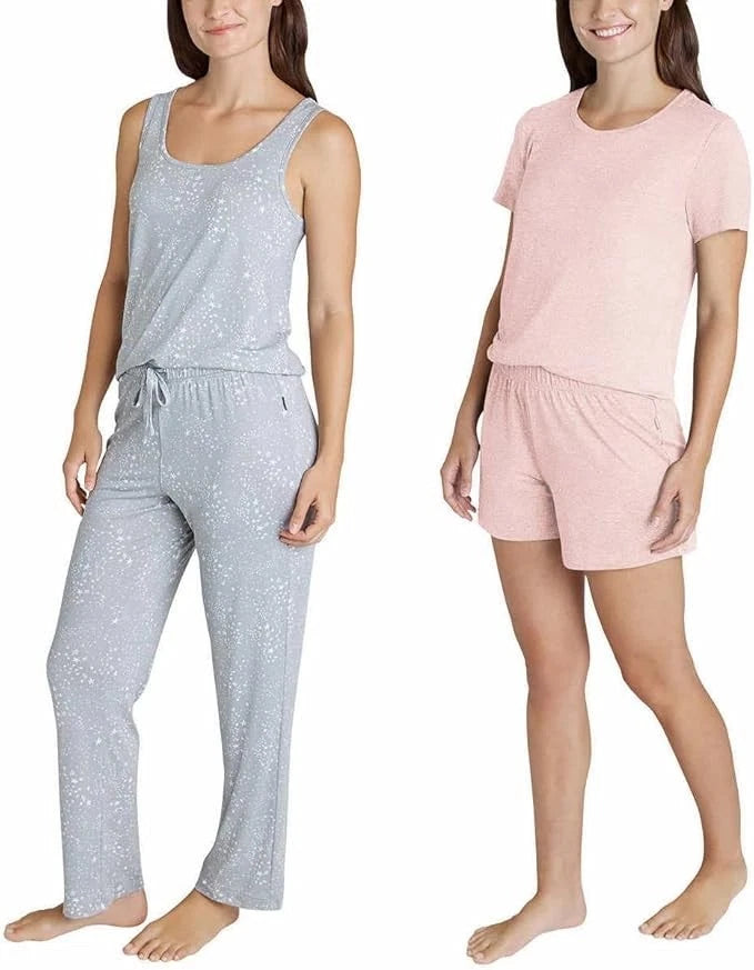 *NWT* Eddie Bauer Ladies 4-Piece Pj Set: 2 Tops/Pants/Shorts (Pink/Gray Stars,L)