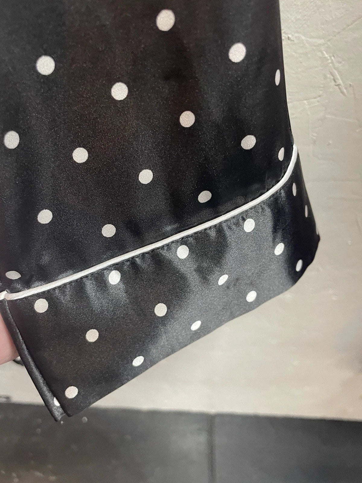 Pajama Set LONXU Silk Satin Button Front Long Sleeve Blk White Polka Dot XXL