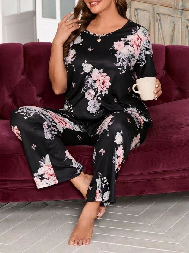 PYJAMA PLUS SIZE 18 20 22 24 26 28 BLACK FLORAL PRINT STRETCH LOUNGEWEAR COMFORT