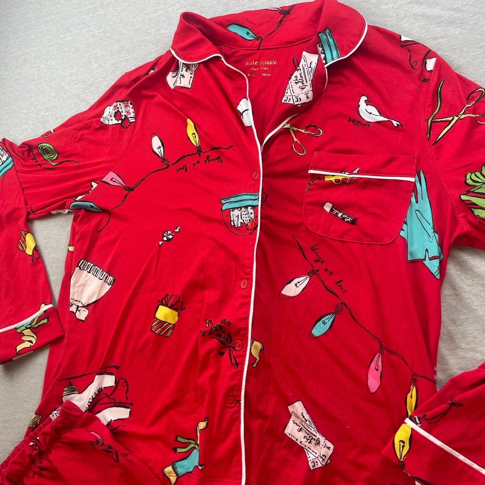 Kate Spade Red Holiday Christmas Novelty Print Pajamas Set Size Medium M