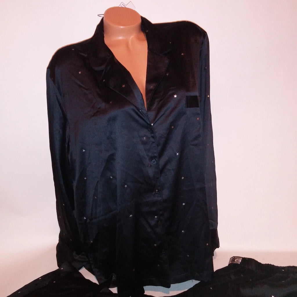 Victoria Secret Pajama Set Sleepwear XL Black Silver Stars Satin Long Sleeve New
