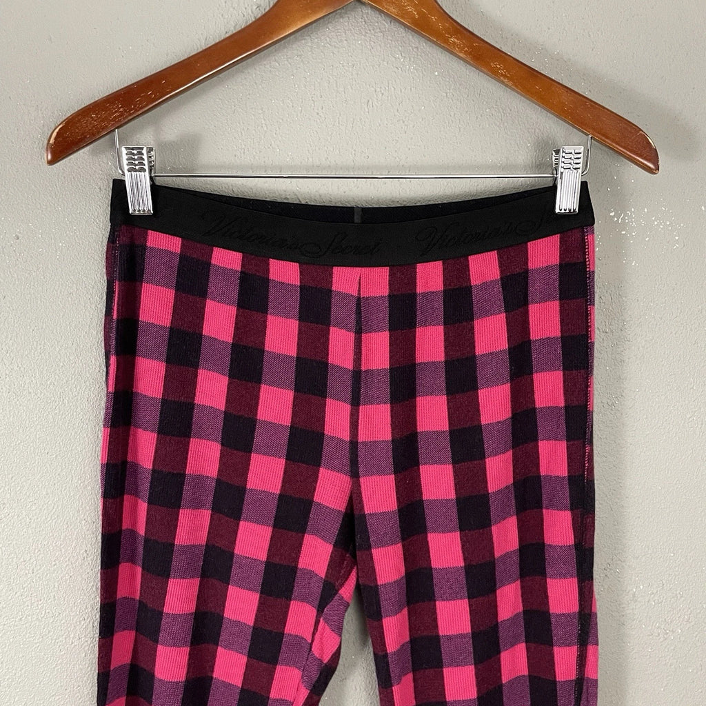 Victorias Secret Pajama Set Size S Pink Black Check Thermal Knit Sleep Lounge