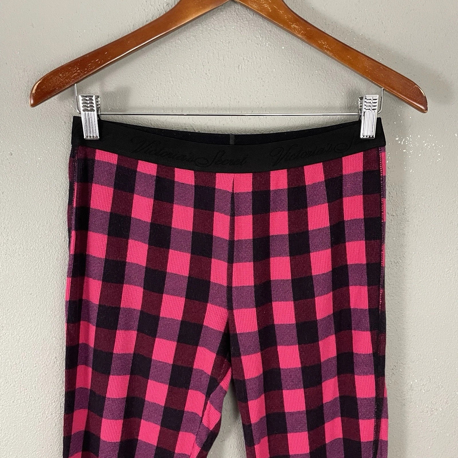 Victorias Secret Pajama Set Size S Pink Black Check Thermal Knit Sleep Lounge