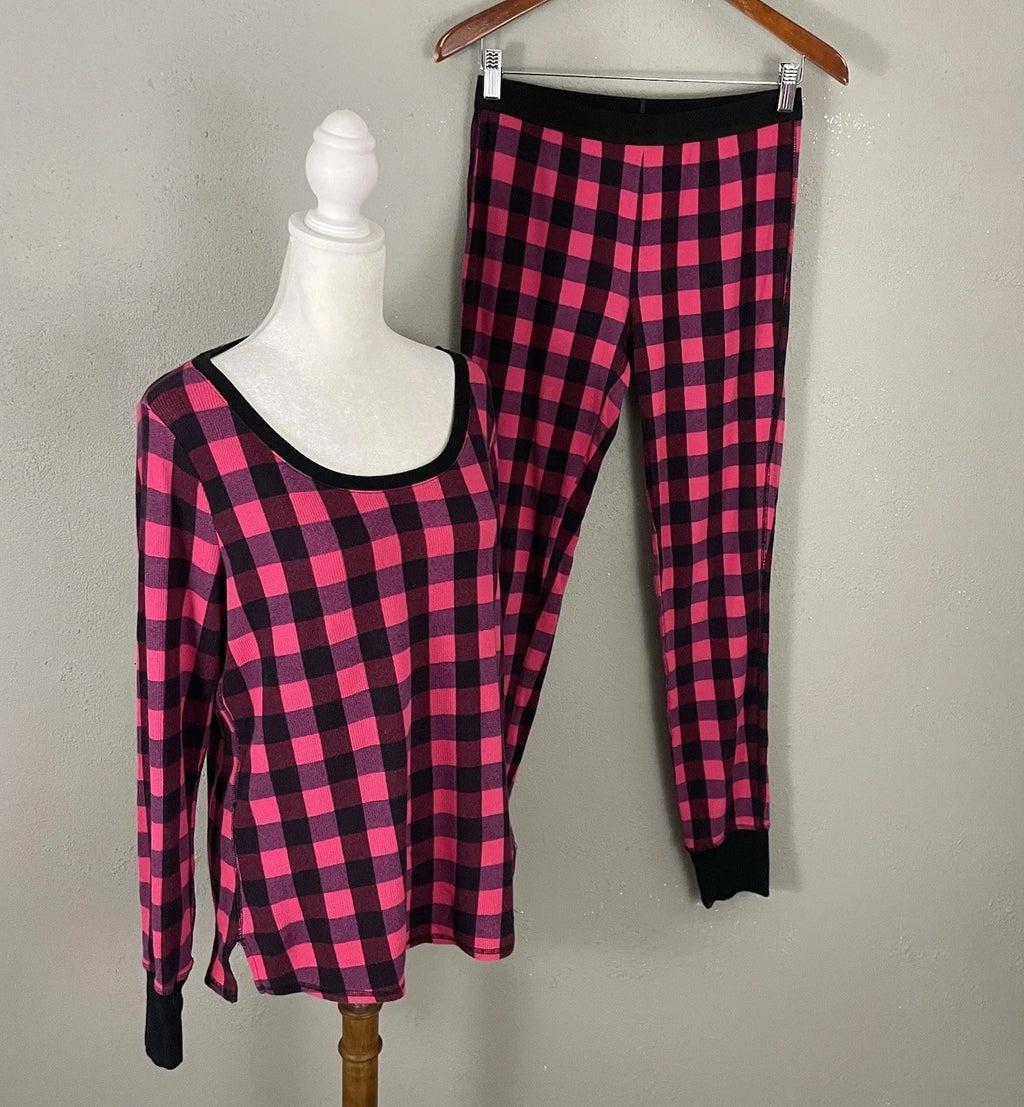 Victorias Secret Pajama Set Size S Pink Black Check Thermal Knit Sleep Lounge