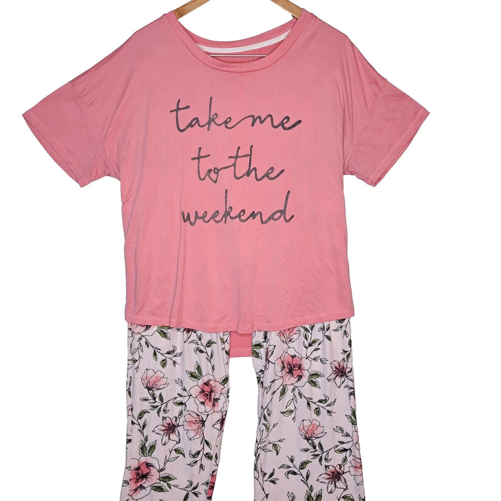 BeYourself Pajama Set Womens XL Pink Floral Weekend Tee Comfy Lounge Sleepwear