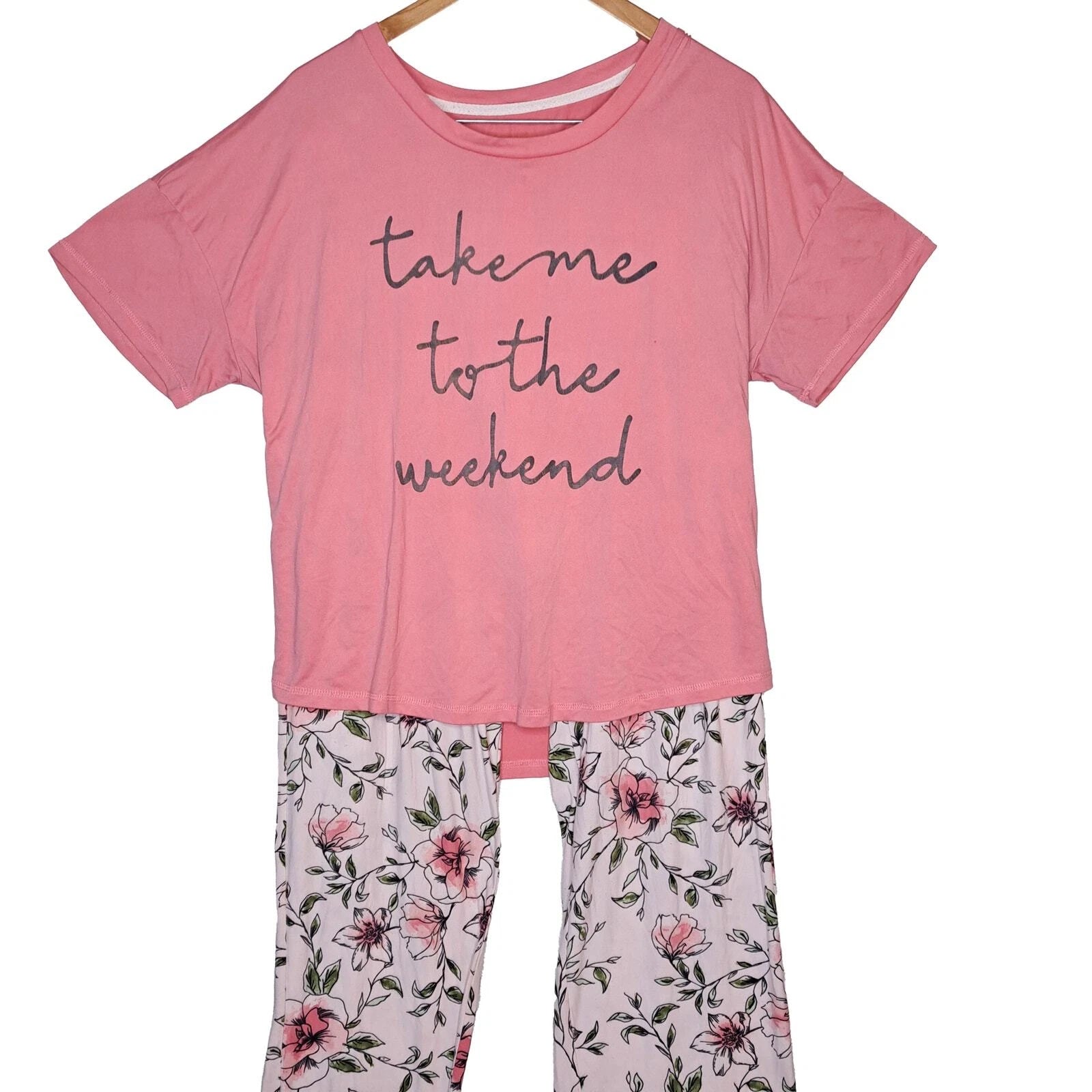 BeYourself Pajama Set Womens XL Pink Floral Weekend Tee Comfy Lounge Sleepwear