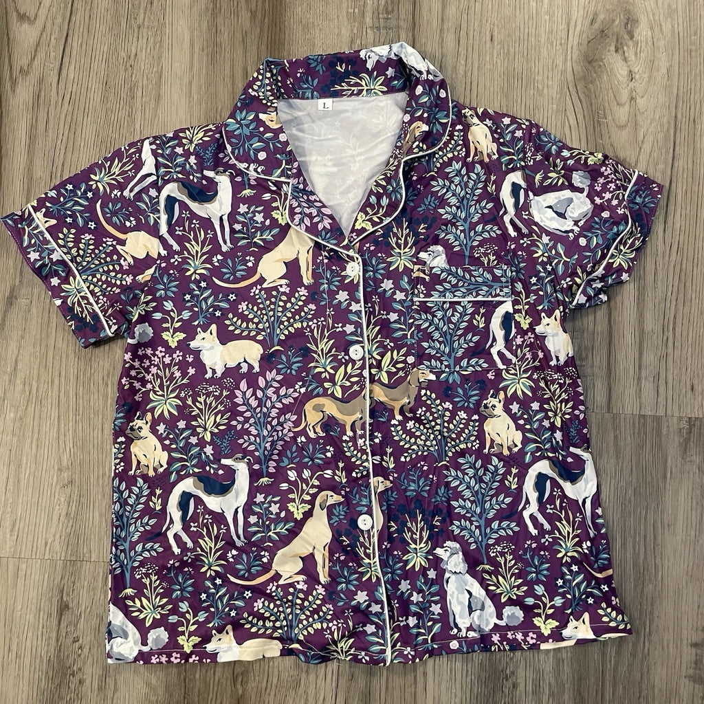 NIP Purple Dog Print Pajama Set Shorts Collared Button Front Top Amethyst NEW! L