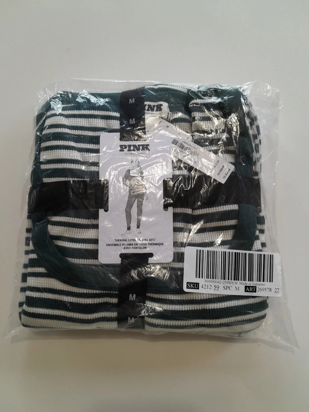Victoria’s Secret Pink 2PC Thermal Pajama Set Green & White Stripes Size M NWT