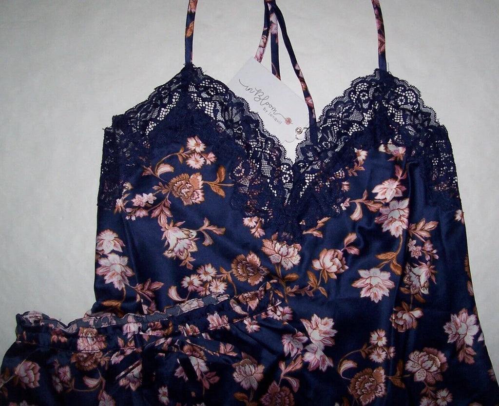 NWT In Bloom by Jonquil NAVY/TAUPE/PINK FLORAL SATIN Pajama Shorts Set XL Lace