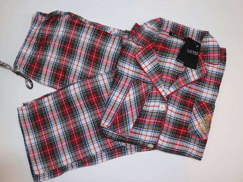 RALPH LAUREN Size M Women's Pajama Ivory Plaid BRUSHED TWILL Pant Set NEW