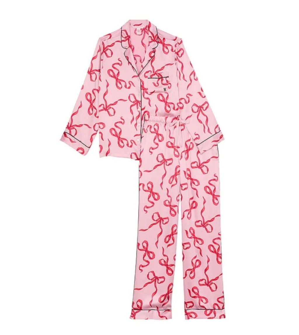Victoria’s Secret Glazed Satin Pajama Set Chalk Rose & Red Bows Size XS SHORT