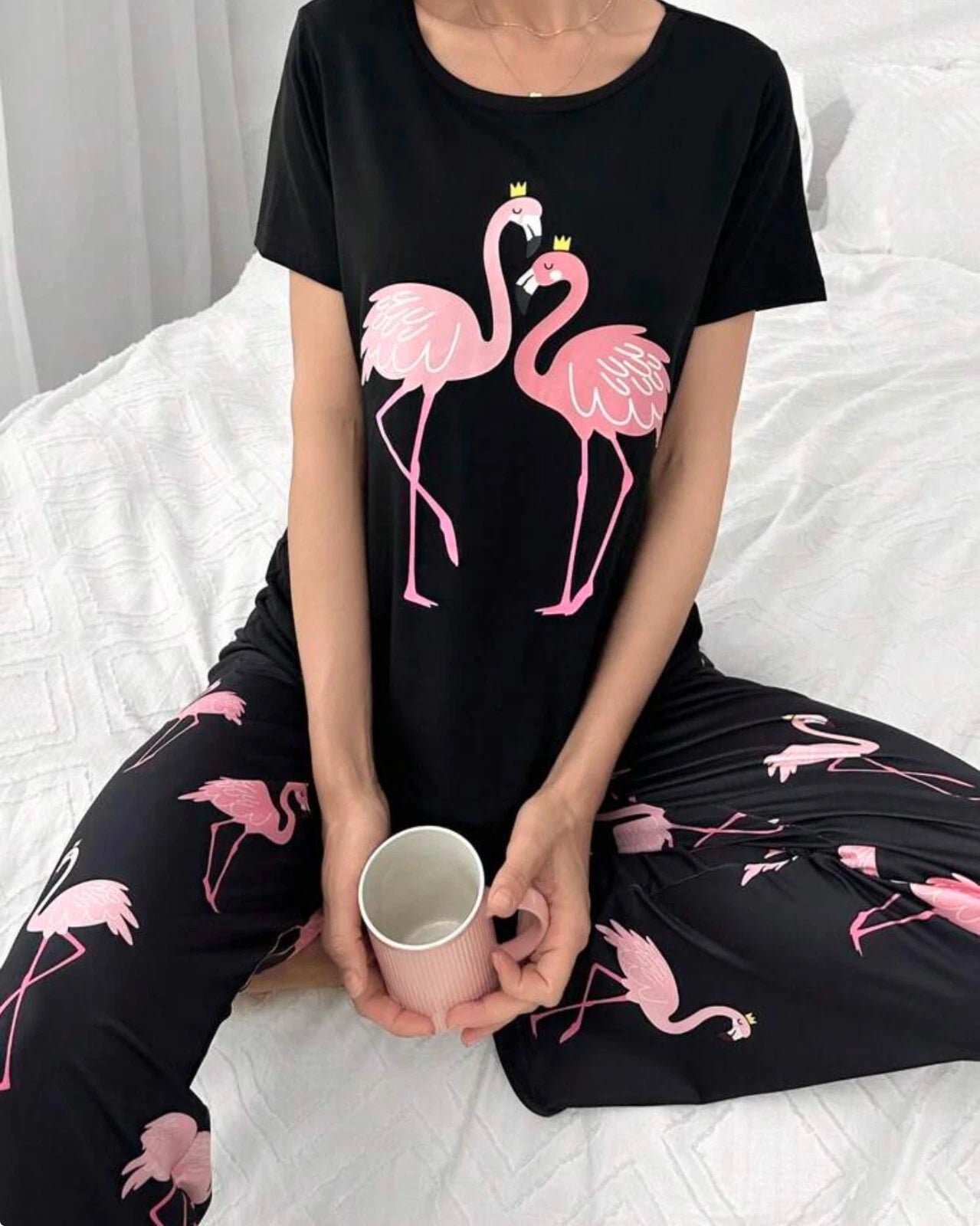 flamingo Women's Ladies Pyjamas PJs Gift Novelty Slogan Size 8 10 12/14 16 Black