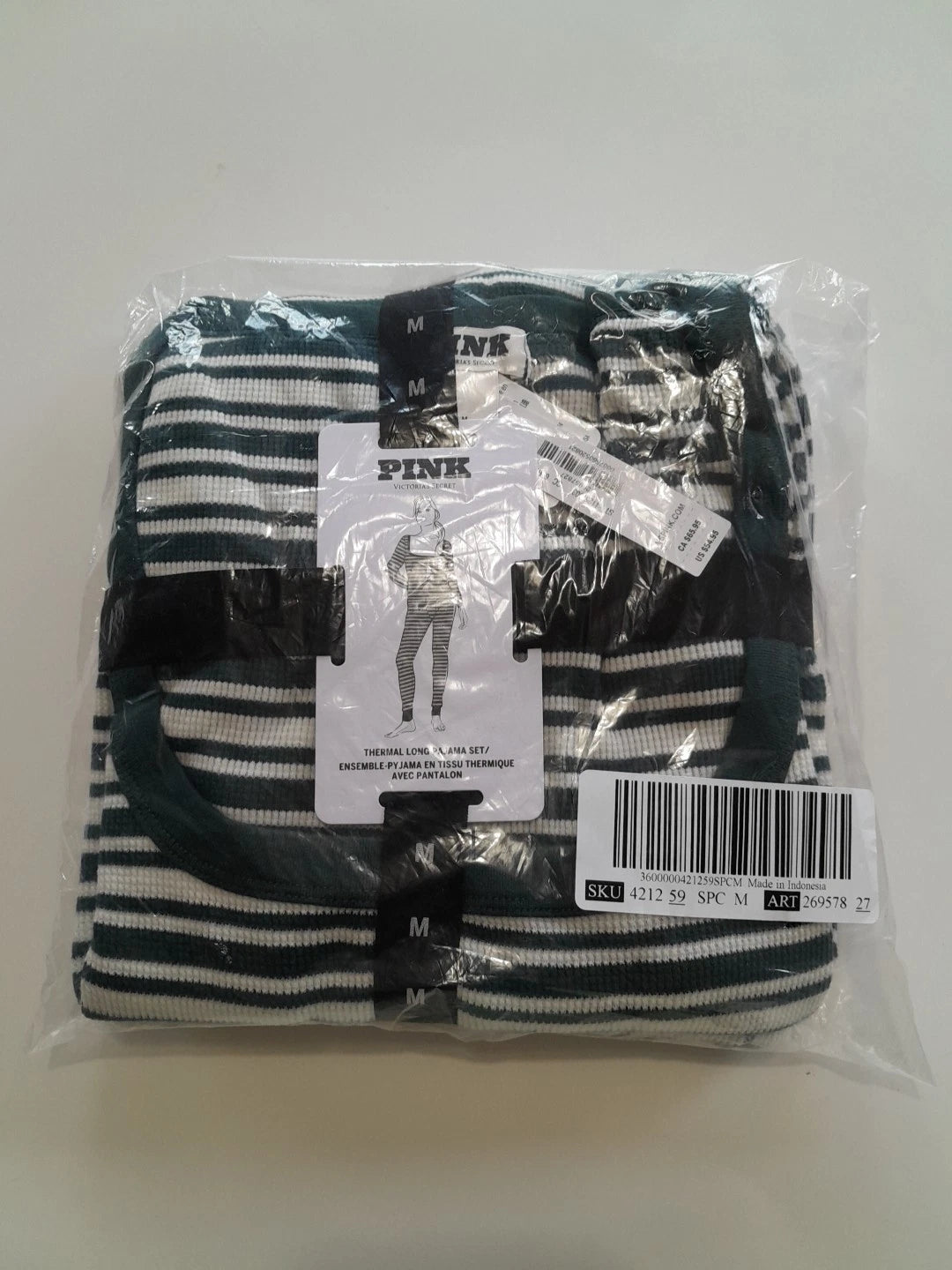 Victoria’s Secret Pink 2PC Thermal Pajama Set Green & White Stripes Size M NWT