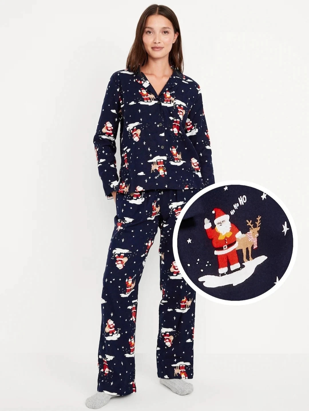 Old Navy Flannel Pajama Set Women's XS Christmas Santa Holiday Navy