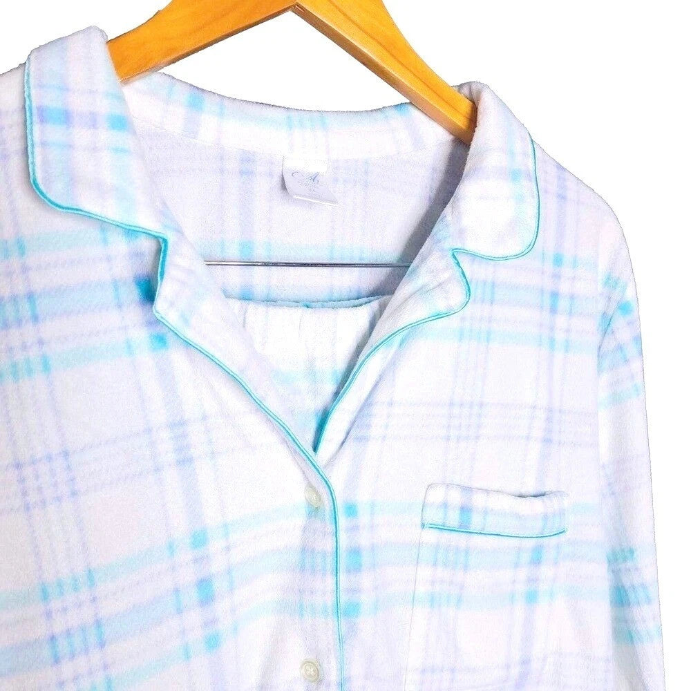 Adonna Pajama Set Women XL Blue White Plaid Button Down Soft Velvety Lounge Wear