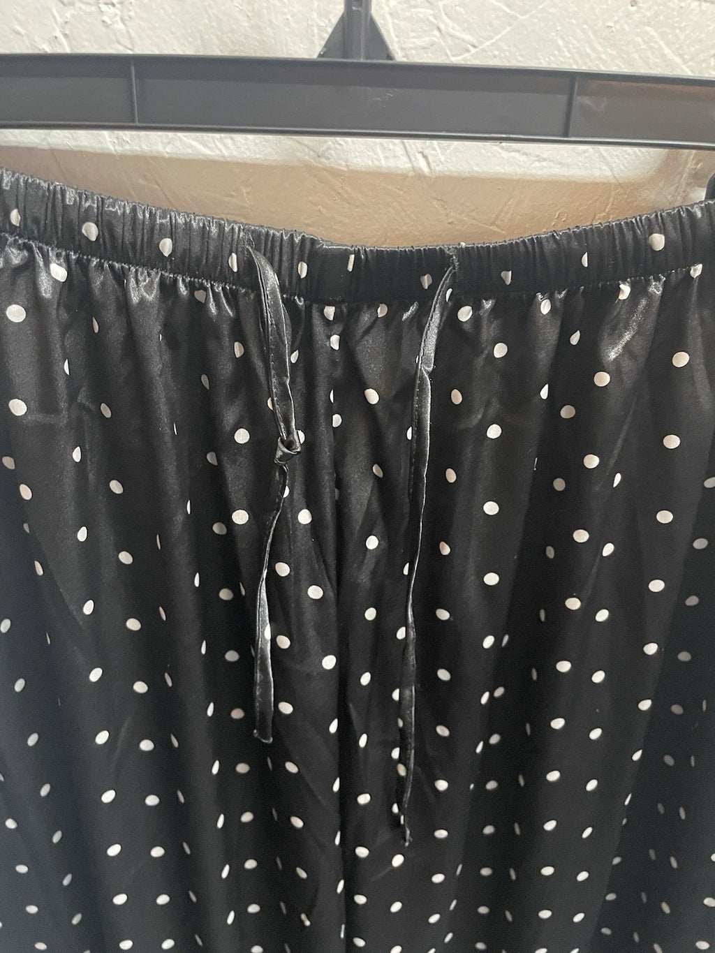 Pajama Set LONXU Silk Satin Button Front Long Sleeve Blk White Polka Dot XXL