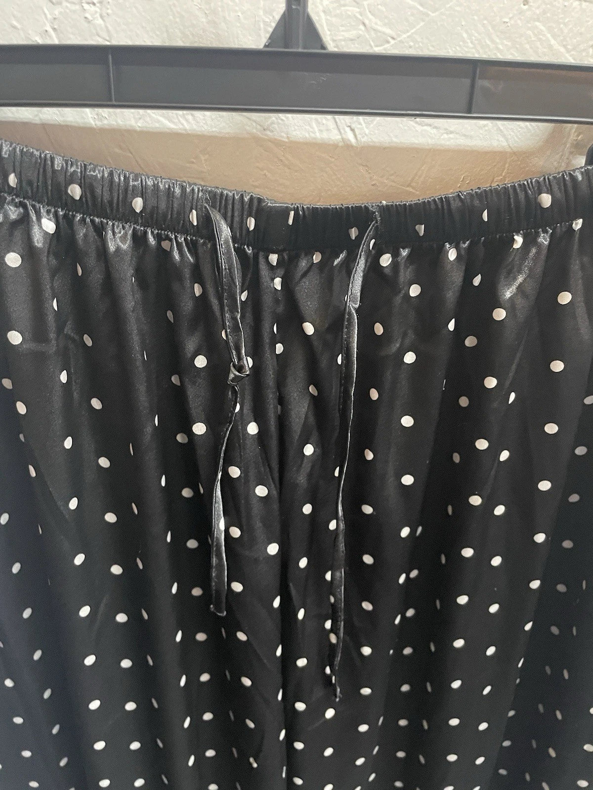 Pajama Set LONXU Silk Satin Button Front Long Sleeve Blk White Polka Dot XXL
