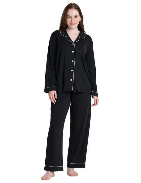 LAPASA Women s Pyjamas Set Knit Lounge Bottom Pants and Long Sleeve Button Top
