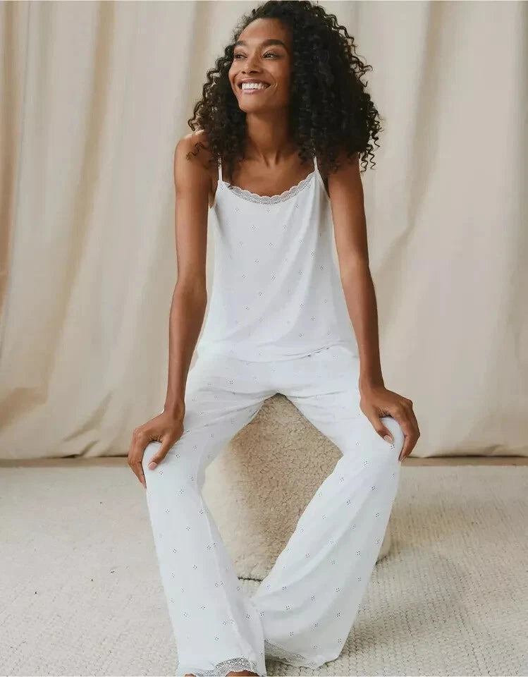 The White Company Diamond-Dot Jersey Pyjama Set-Ivory Size L