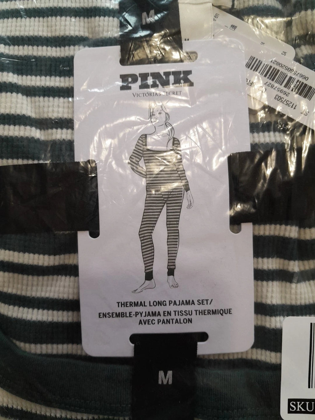 Victoria’s Secret Pink 2PC Thermal Pajama Set Green & White Stripes Size M NWT