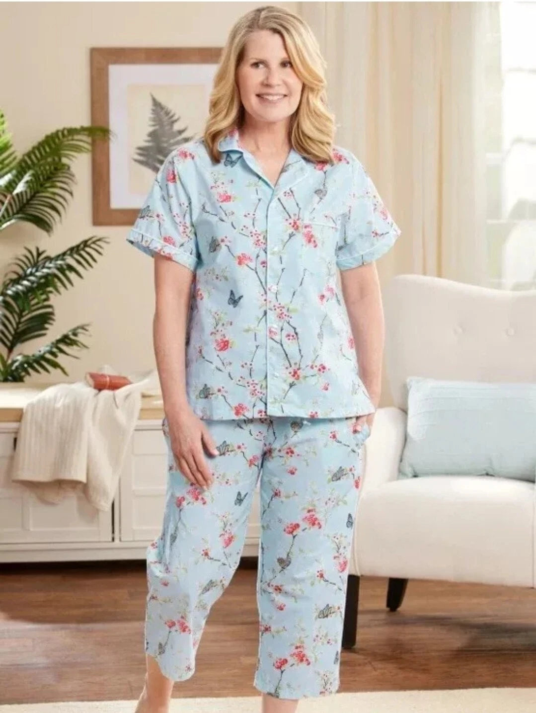 Ella Simone PJ Set Pajamas Short Sleeve Capri Pants Cotton Butterfly Floral Lg