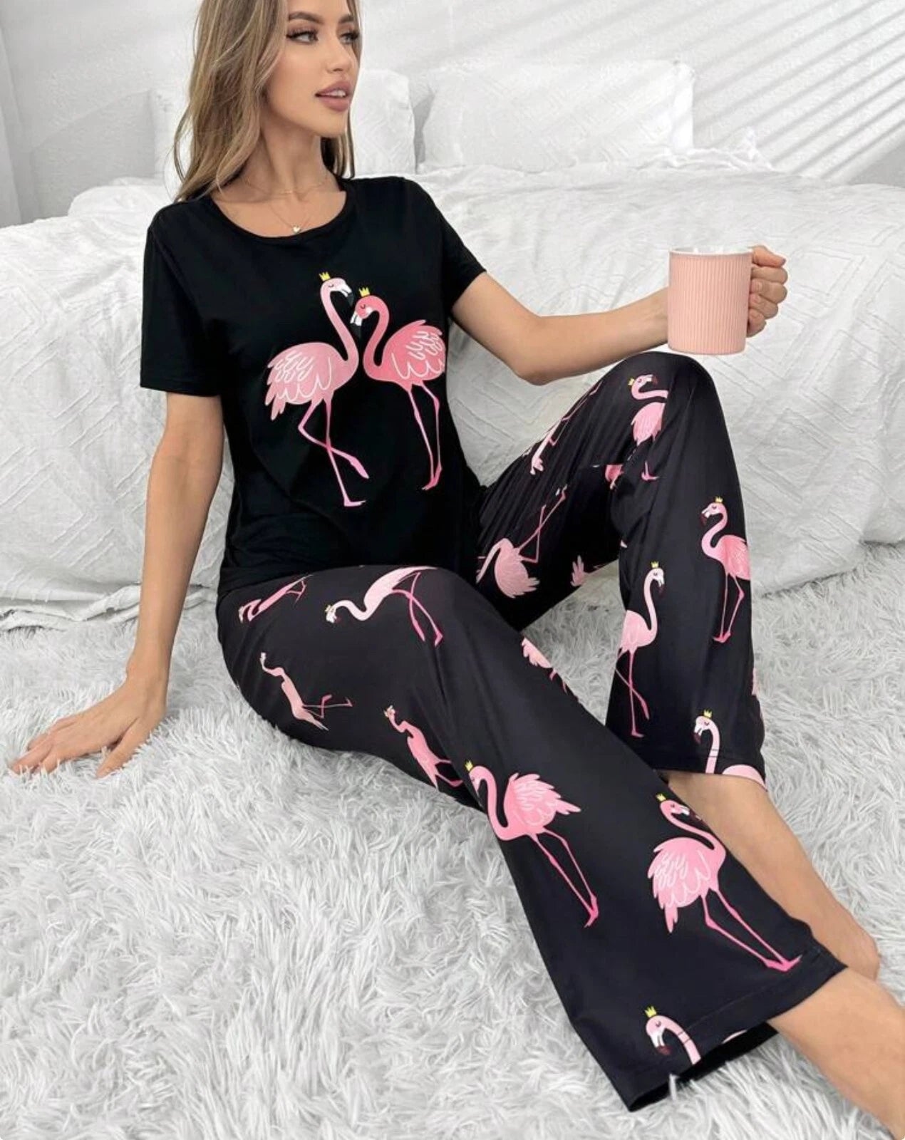 flamingo Women's Ladies Pyjamas PJs Gift Novelty Slogan Size 8 10 12/14 16 Black