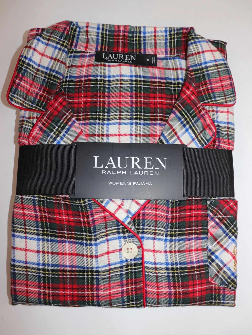 RALPH LAUREN Size M Women's Pajama Ivory Plaid BRUSHED TWILL Pant Set NEW