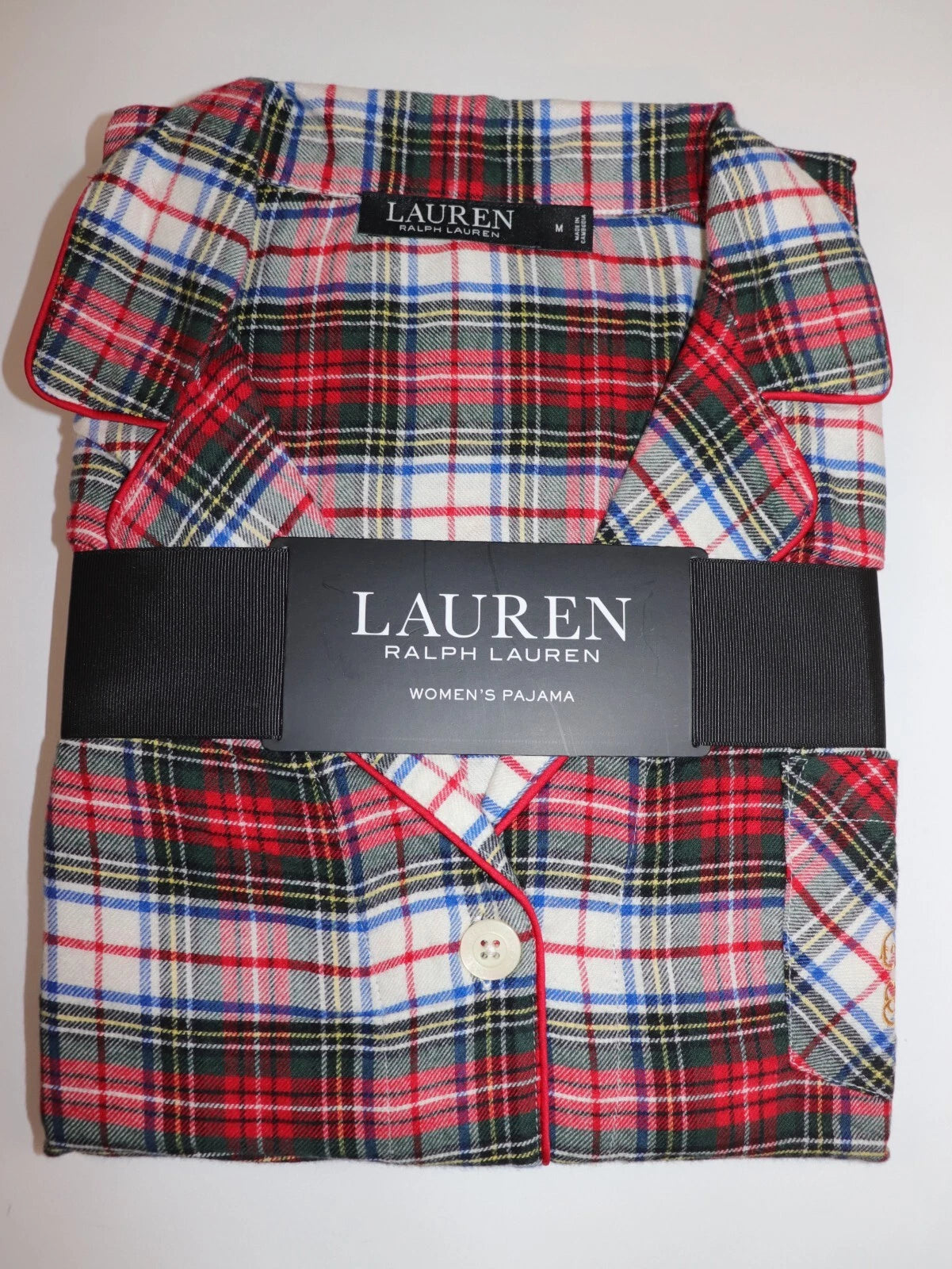 RALPH LAUREN Size M Women's Pajama Ivory Plaid BRUSHED TWILL Pant Set NEW