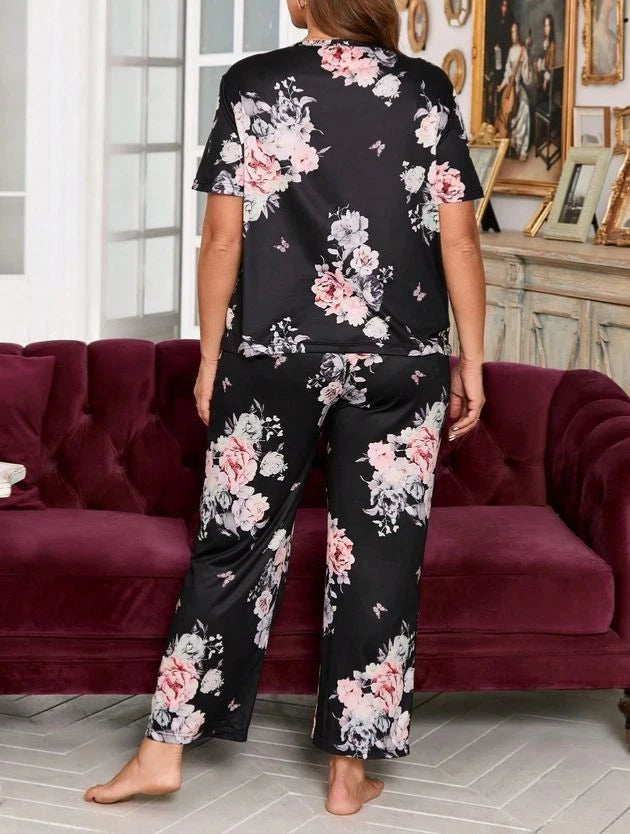 PYJAMA PLUS SIZE 18 20 22 24 26 28 BLACK FLORAL PRINT STRETCH LOUNGEWEAR COMFORT