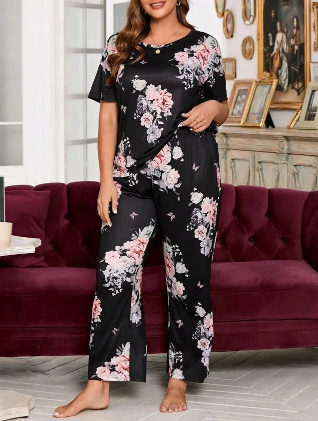 PYJAMA PLUS SIZE 18 20 22 24 26 28 BLACK FLORAL PRINT STRETCH LOUNGEWEAR COMFORT
