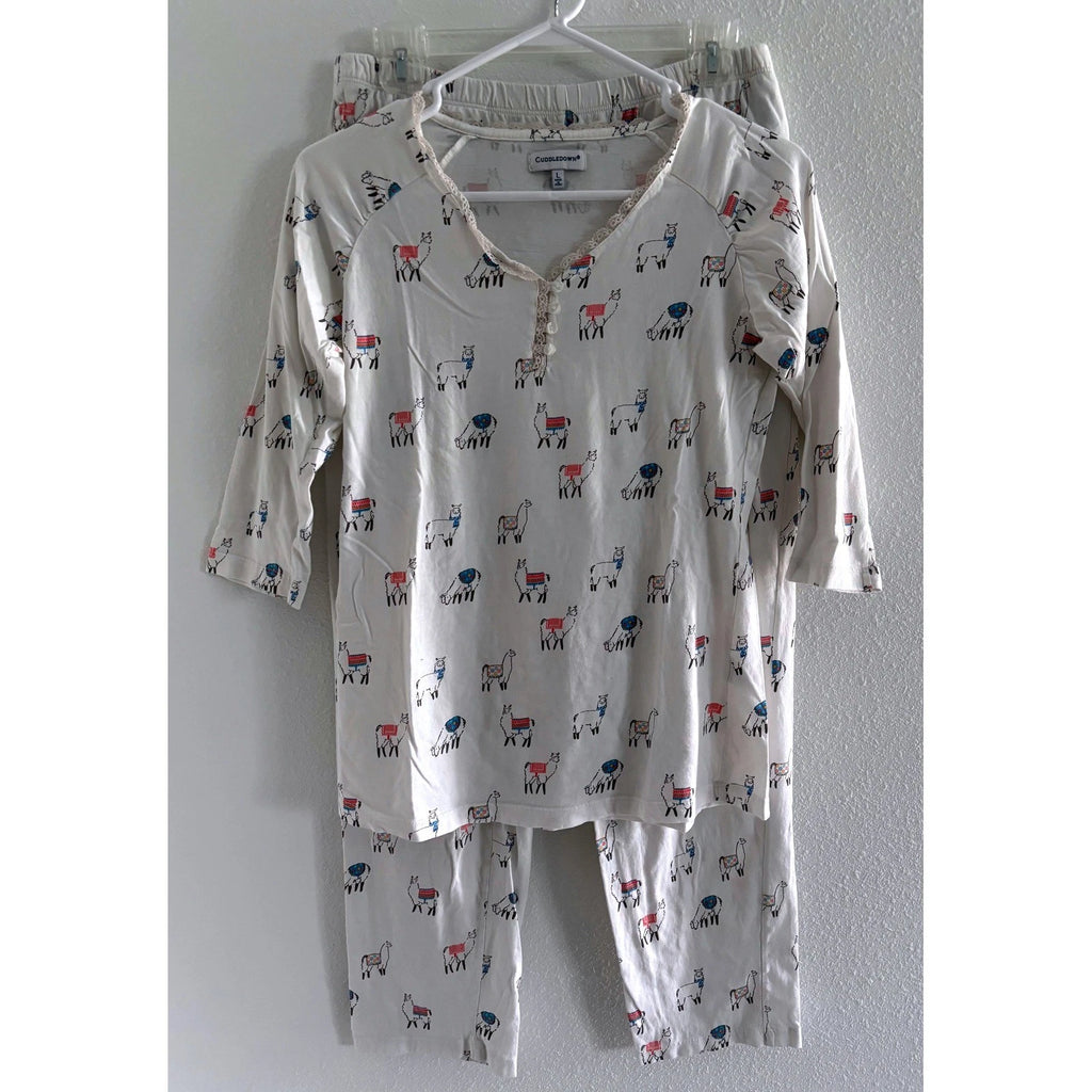 Cuddledown Pajama Set Womens Large White Pima Cotton Alpaca Print Comfort Lounge
