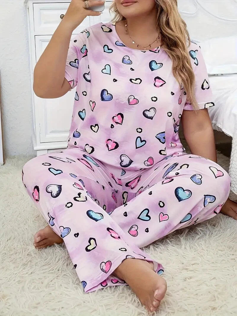 PYJAMA PLUS 18 20 22 24 26 28 PINK MULTICOLOUR HEART STRETCH LOUNGEWEAR COMFORT