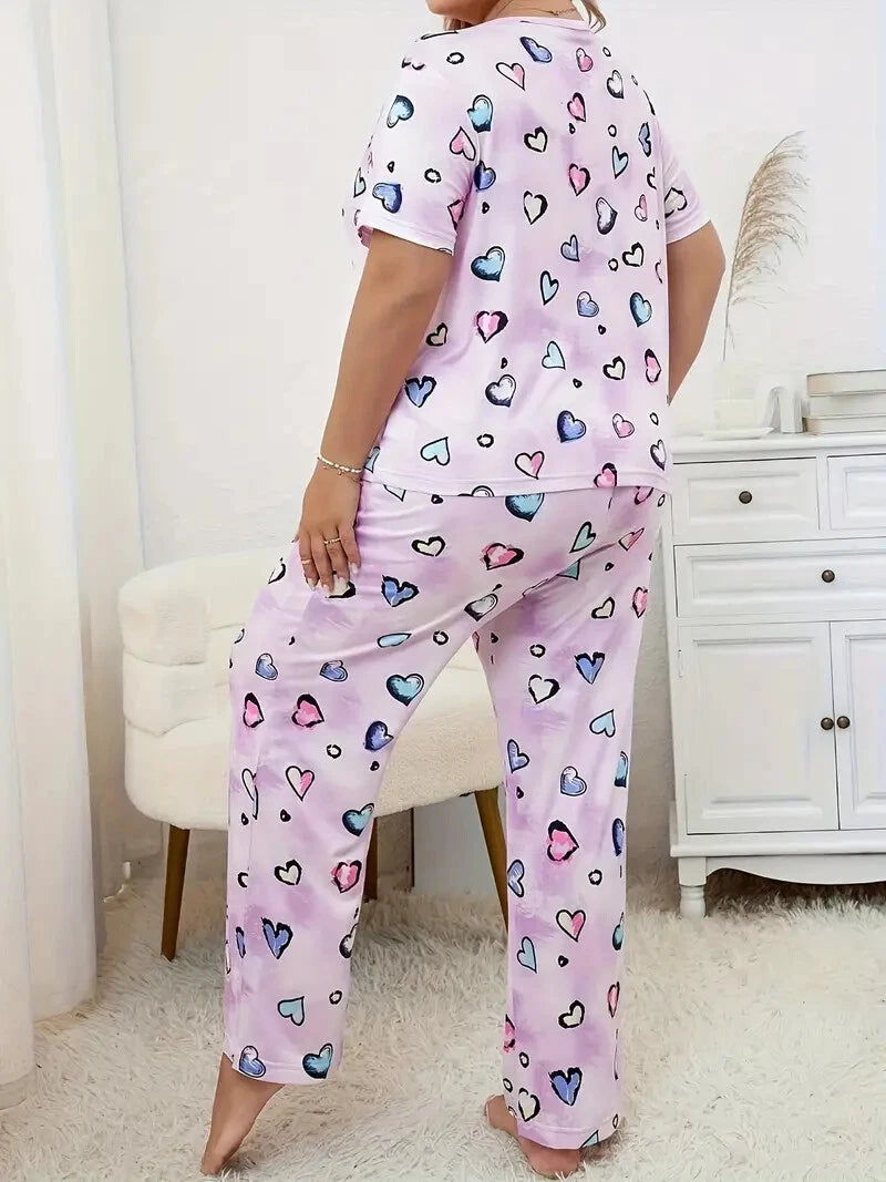 PYJAMA PLUS 18 20 22 24 26 28 PINK MULTICOLOUR HEART STRETCH LOUNGEWEAR COMFORT