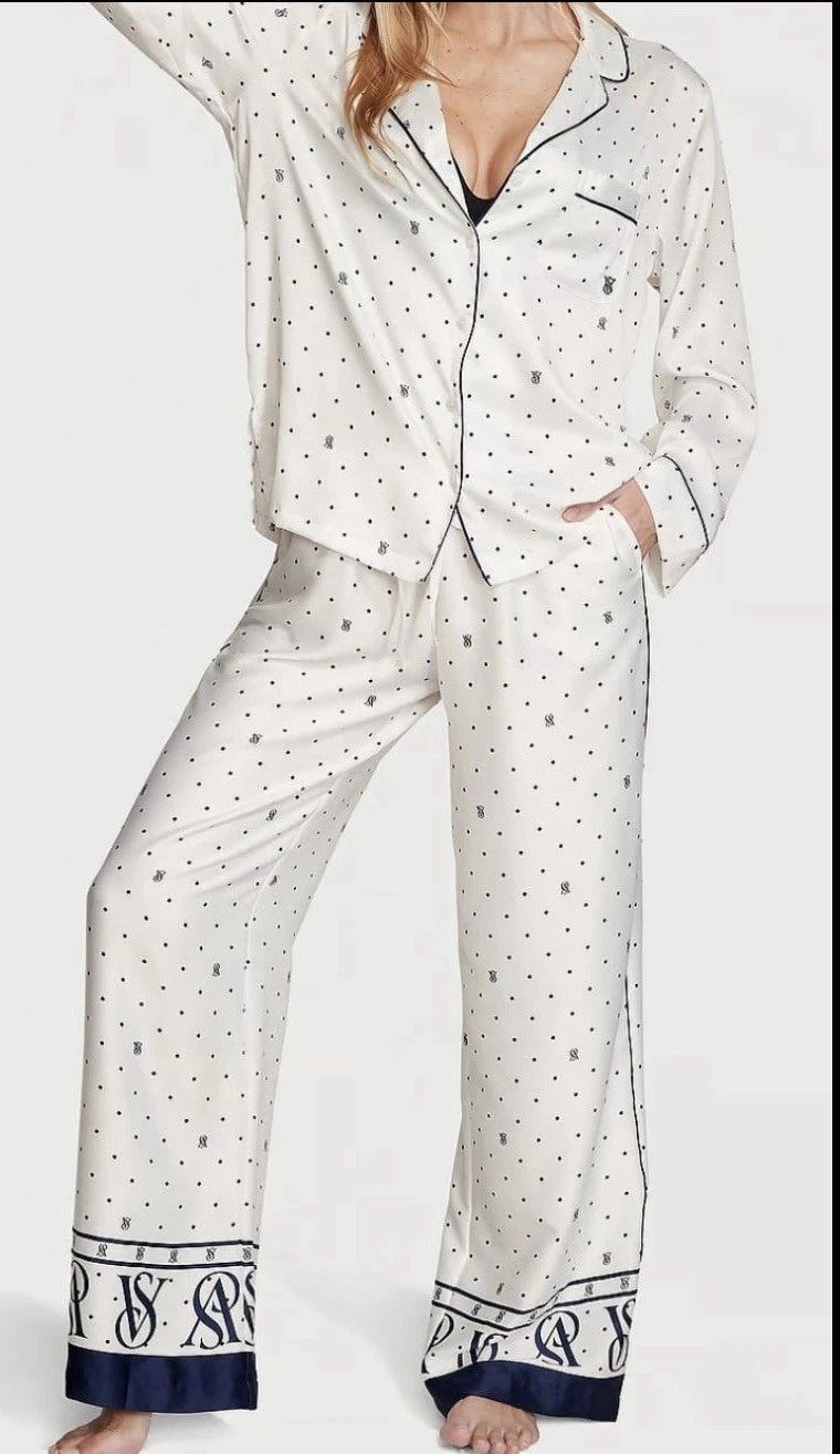 Victoria's Secret Satin Long Pajama In Navy Blue And white Polka dots