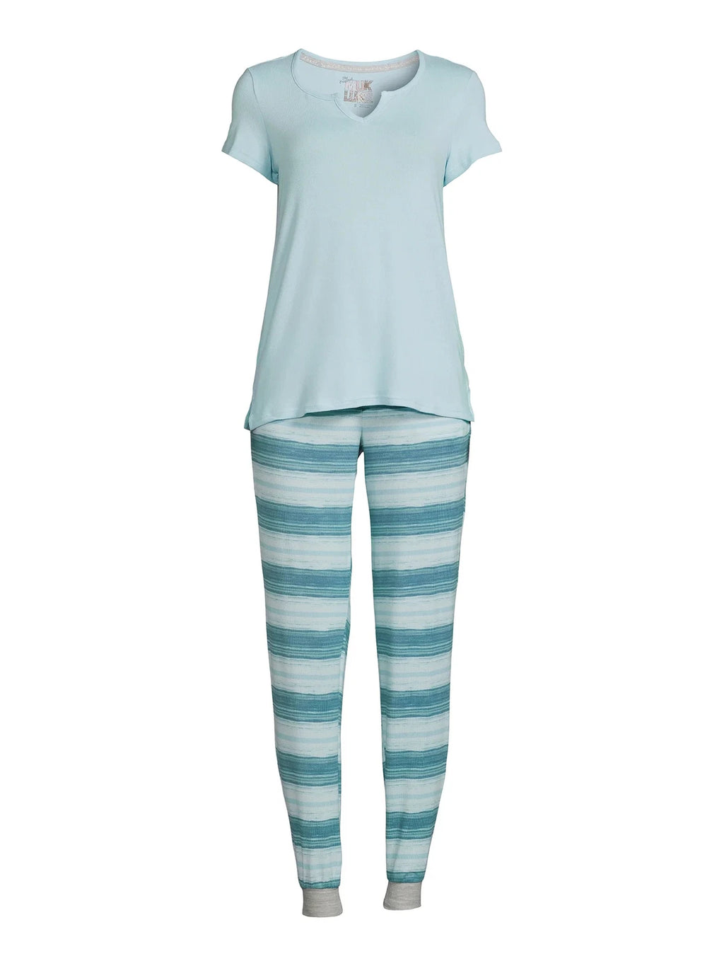 Muk Luks Lush Luxe Short Sleeve Top and Jogger PJ Set BlueAquaticStrp 1X New