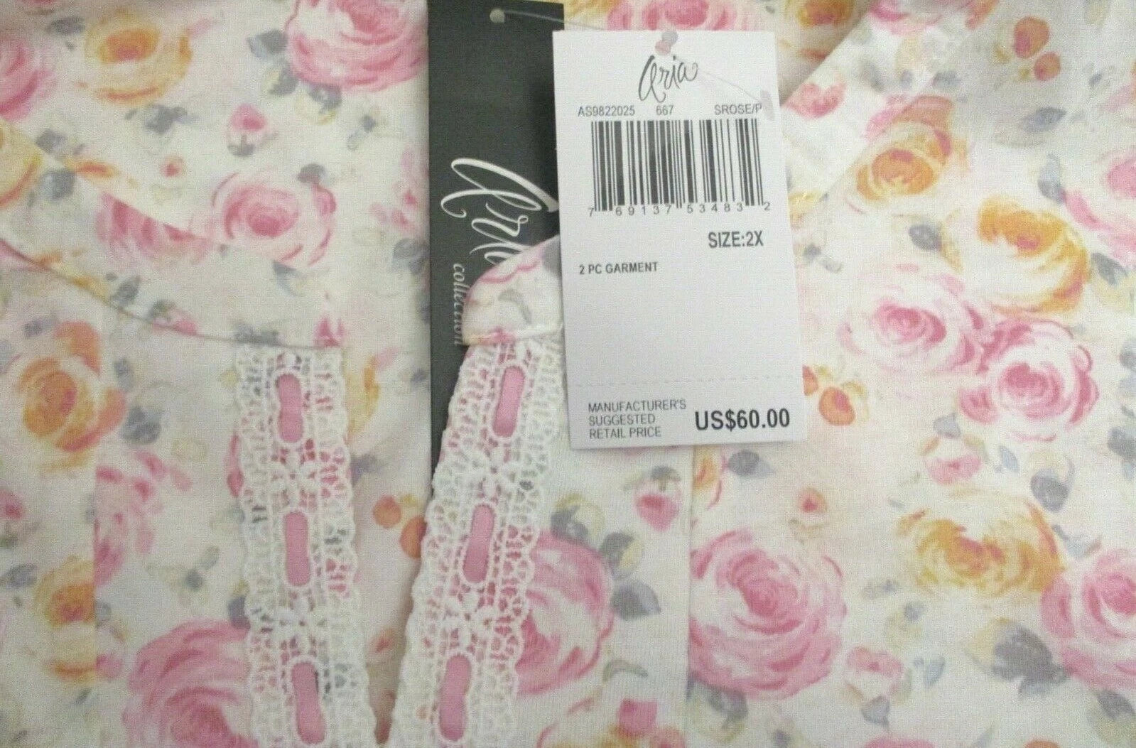 Nwt $60 Aria WATERCOLOR ROSES 2 Pc Long Sleeve Top & Long Pants Pajama Set 2X