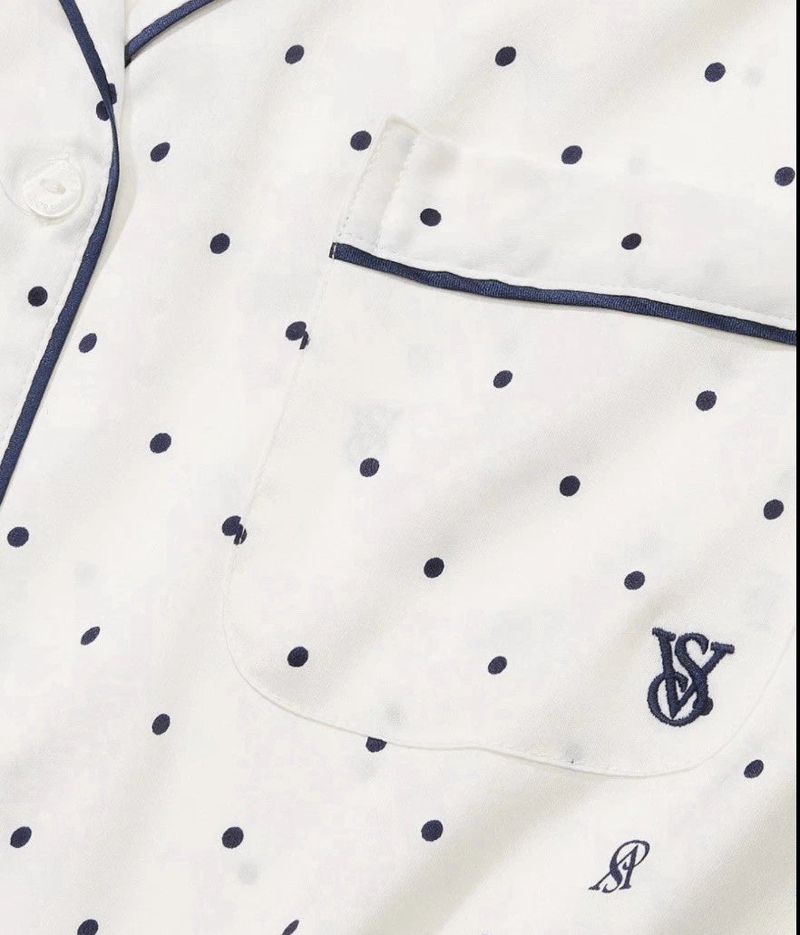 Victoria's Secret Satin Long Pajama In Navy Blue And white Polka dots