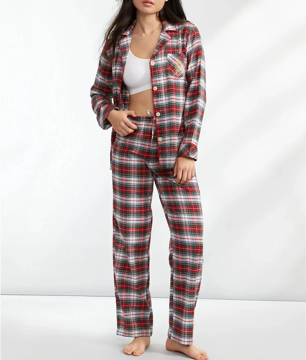 RALPH LAUREN Size M Women's Pajama Ivory Plaid BRUSHED TWILL Pant Set NEW