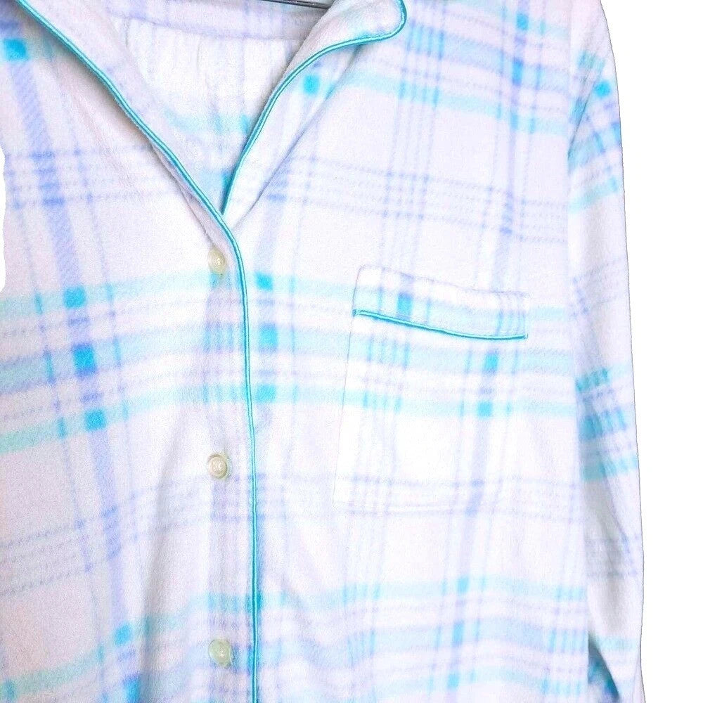 Adonna Pajama Set Women XL Blue White Plaid Button Down Soft Velvety Lounge Wear