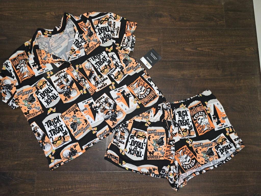 Way To Celebrate Witch Women's HALLOWEEN Shorty Pajamas Set Retro Cat Sz S M