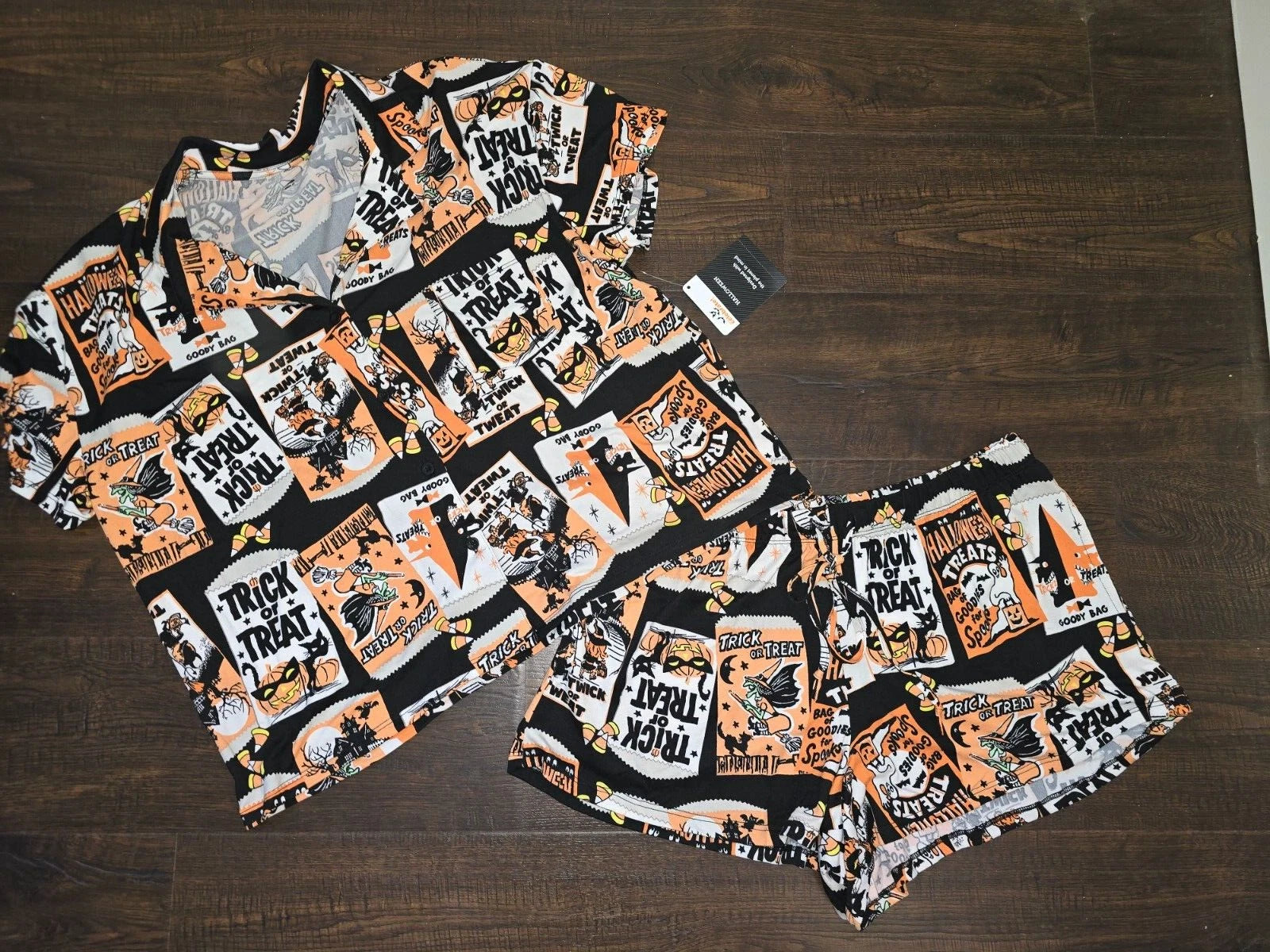 Way To Celebrate Witch Women's HALLOWEEN Shorty Pajamas Set Retro Cat Sz S M