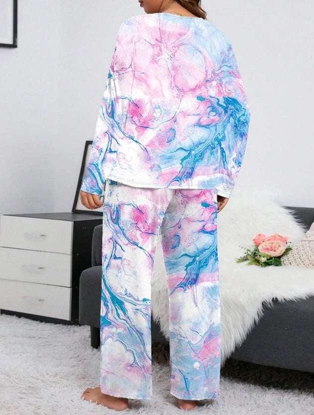PYJAMA PLUS 20 22 24 PINK BLUE MARBLE LONG SLEEVE STRETCH LOUNGEWEAR COMFORT